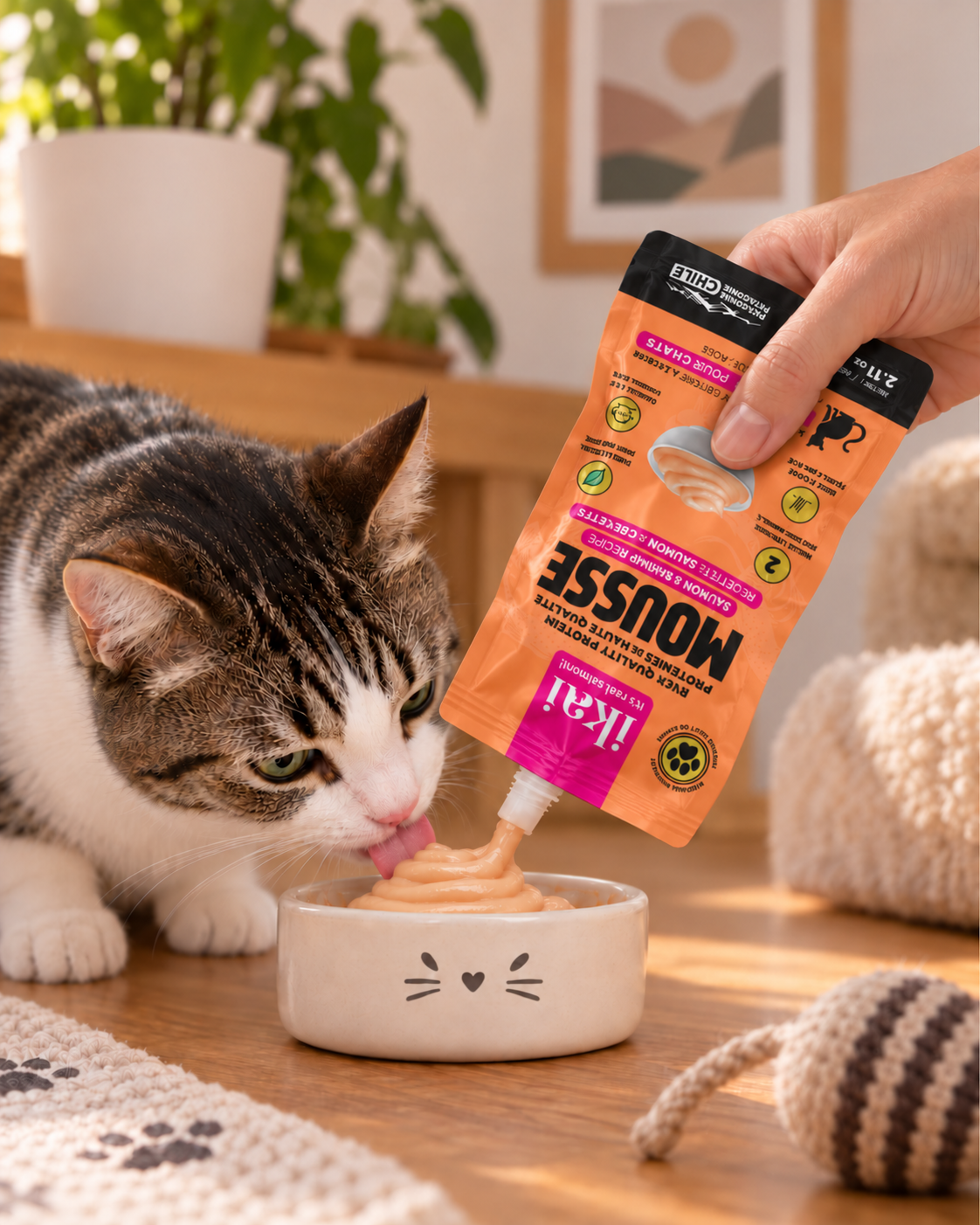 Mousse salmón y camarón para gatos