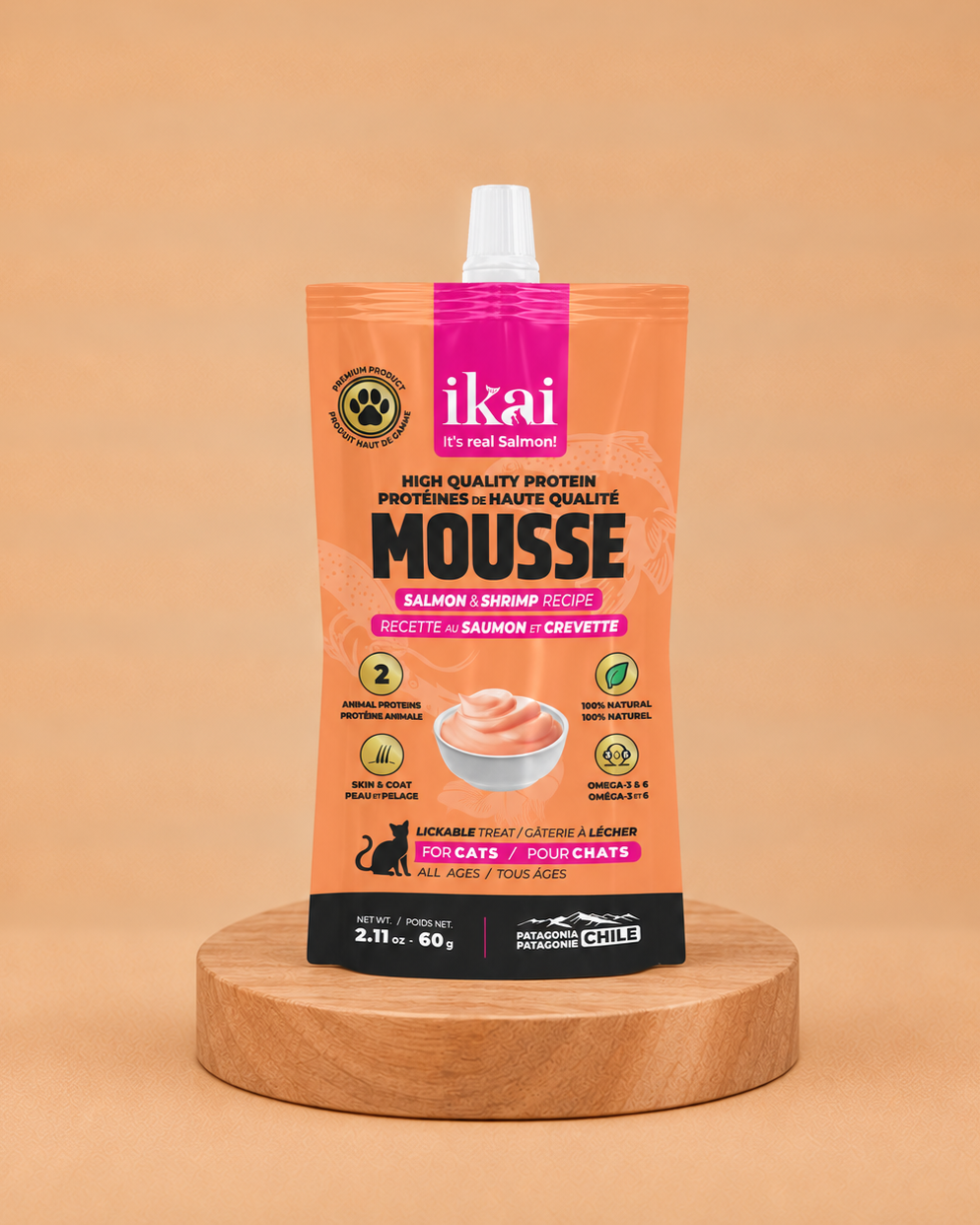 Mousse salmón y camarón para gatos