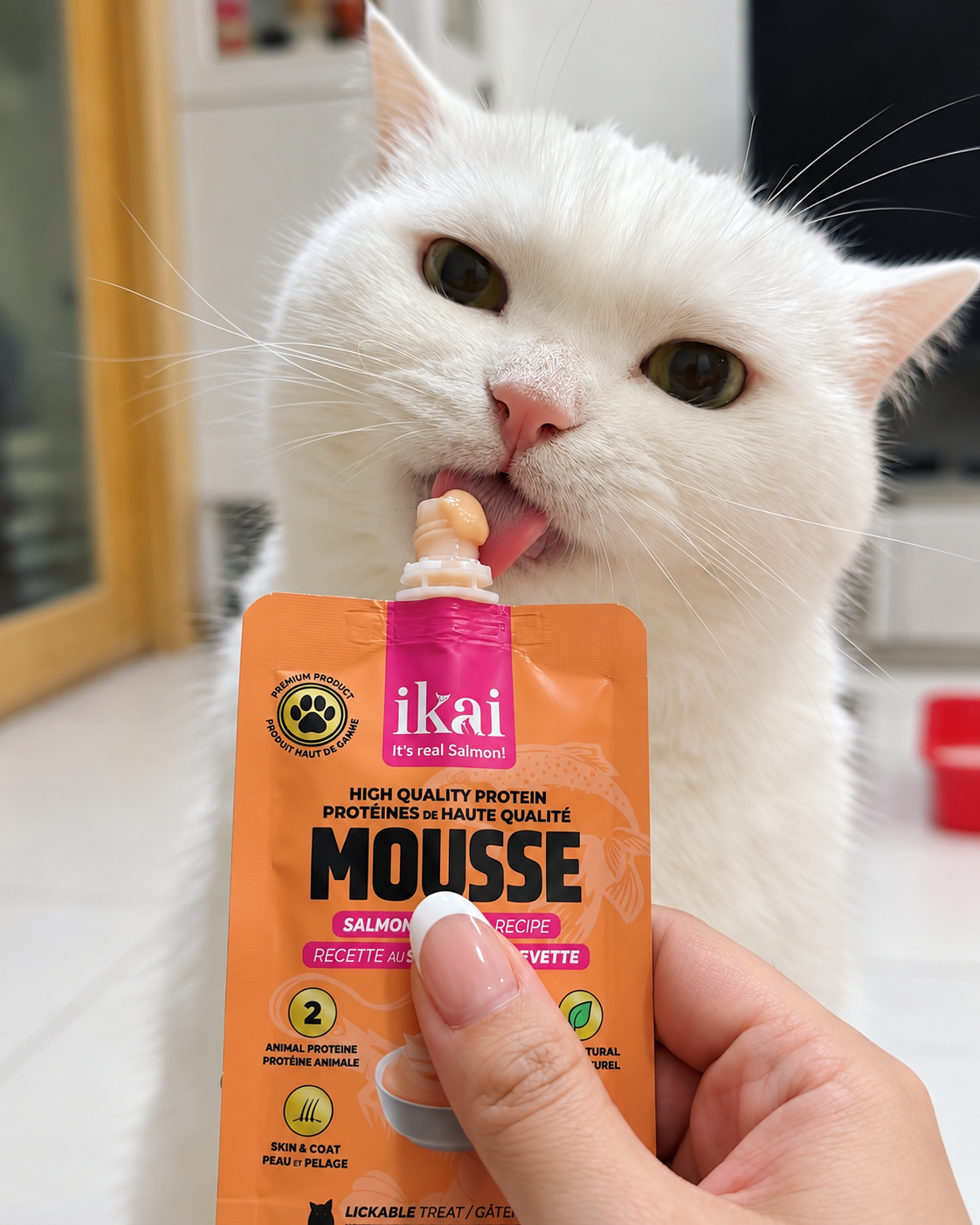 Mousse salmón y camarón para gatos